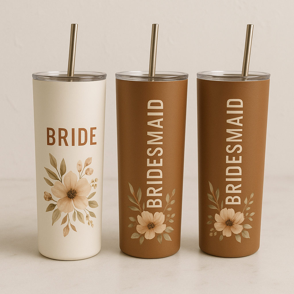 Three tumblers labeled 'Bride' and 'Bridesmaid' with floral designs on a beige background.