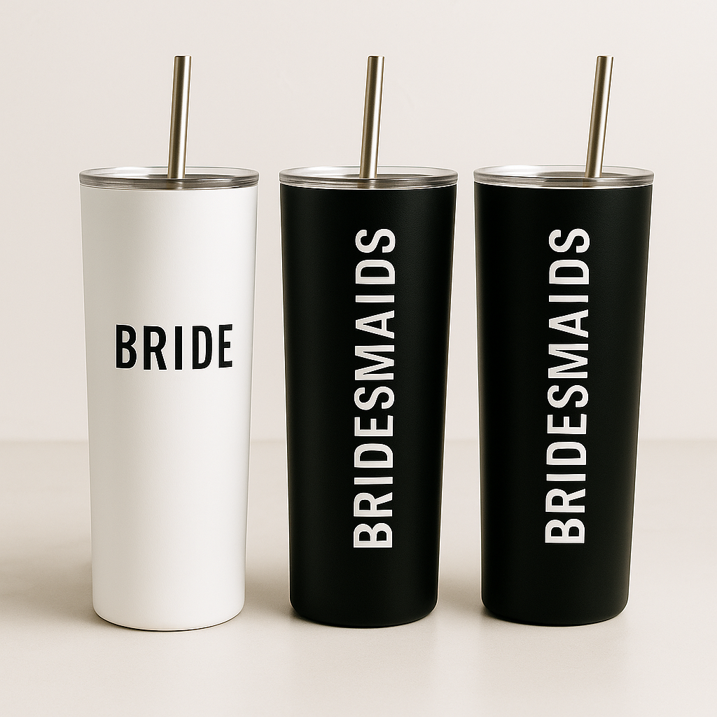 Three tumblers labeled 'BRIDE' and 'Bridesmaids' on a light background