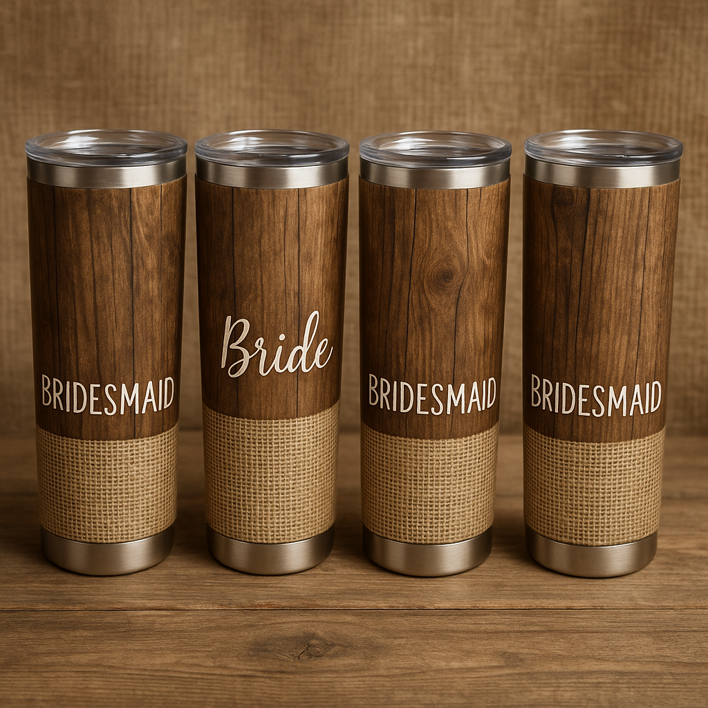 Four wooden tumblers with 'Bride' and 'Bridesmaid' text on a wooden surface.