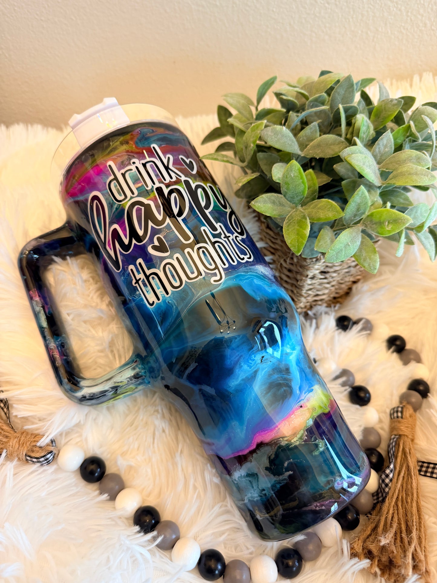 Cosmic Swirl “Drink Happy Thoughts” Tumbler